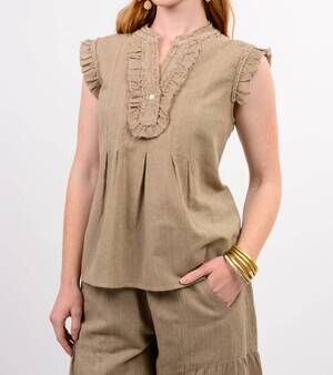 NEW IVY JANE striped ruffle top in khaki